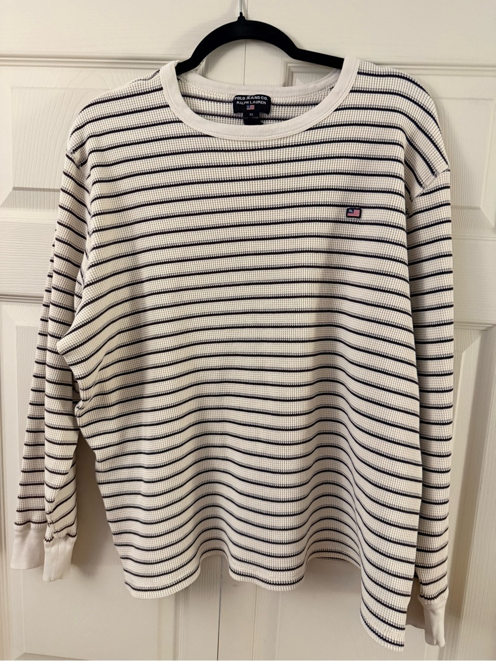 Vtg Ralph Lauren White and Navy Striped Waffle-Knit Crewneck Sweater